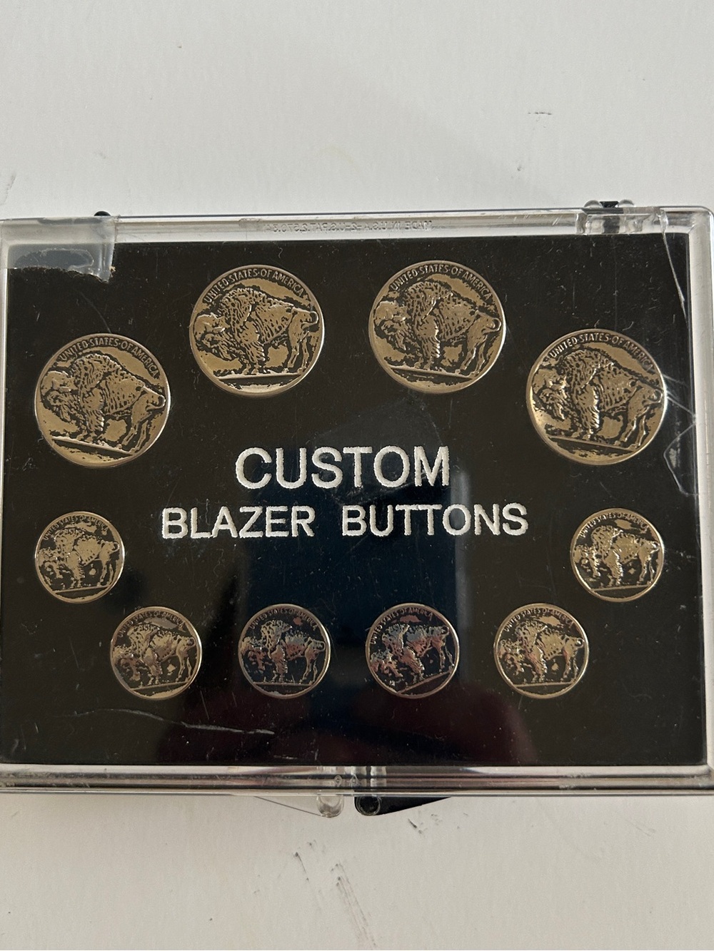 vintage boxed set of Custom Blazer Buttons featuring a detailed buffalo design